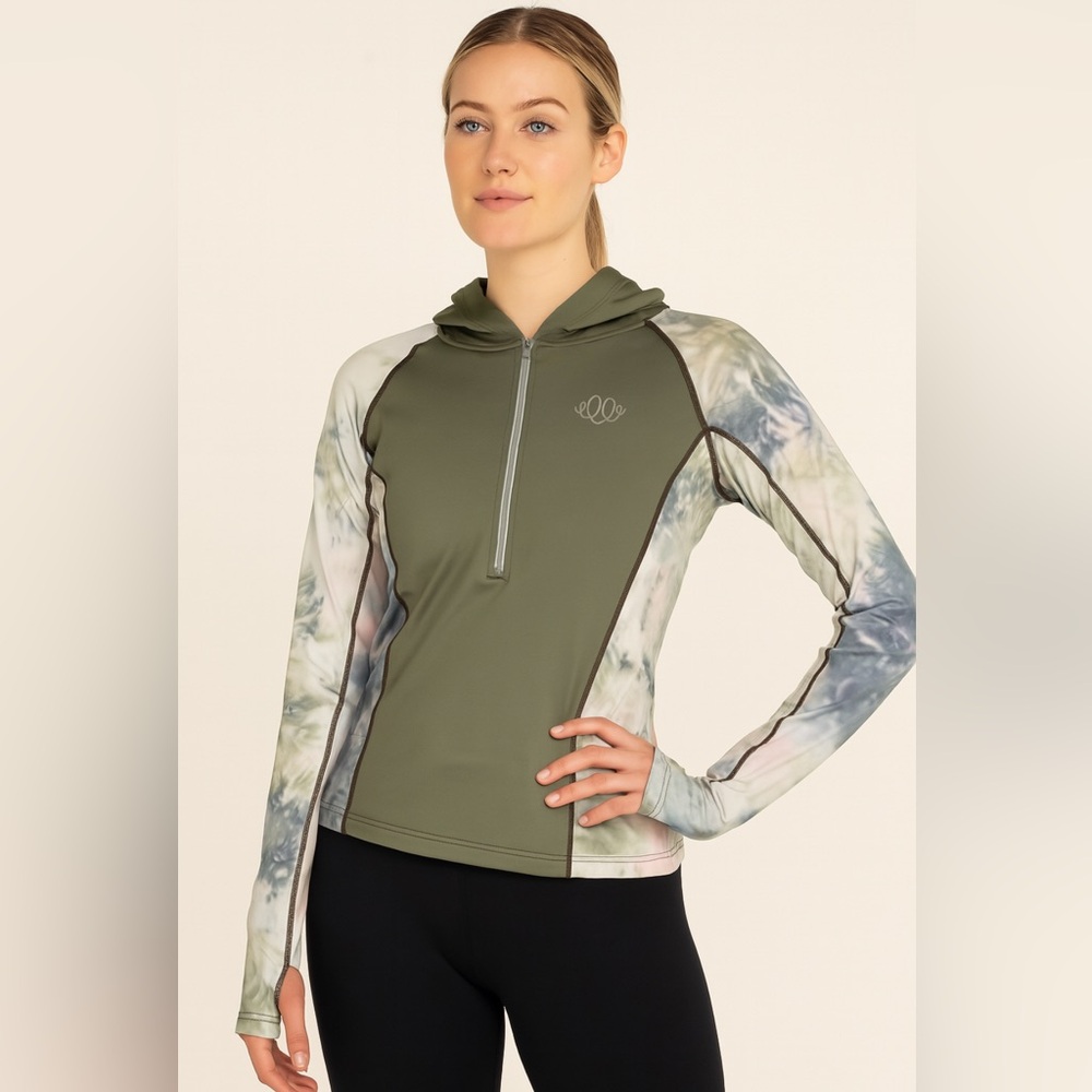 Women's Swirlgear 1/2 Zip Hooded Top in Green with Tie Dye Design, Size Medium